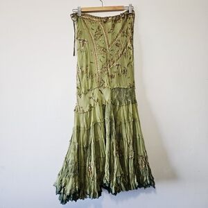 Ritu Kumar Embroidered Sequin Tiered Ruffle Maxi Skirt Size M Green